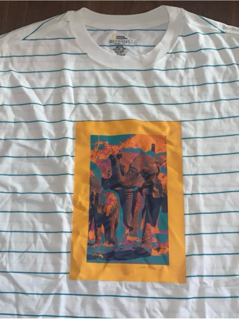 National Geographic White & Teal Striped Tee with Yellow Framed Elephant Print